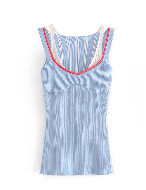 Fashion Blue V-neck Fake Two-piece Knitted Vest Top