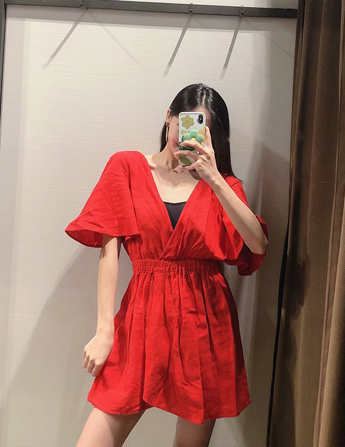 Fashion Red Linen Waist Solid Color V-neck Jumpsuit