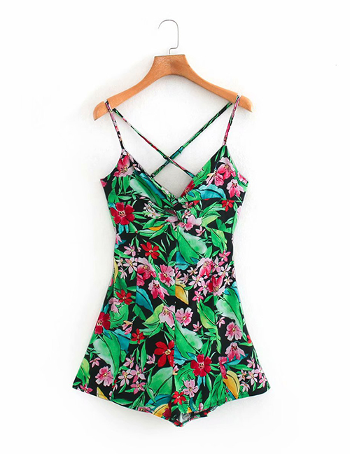 Fashion Green Flower Print Shoulder Strap Sling Jumpsuit