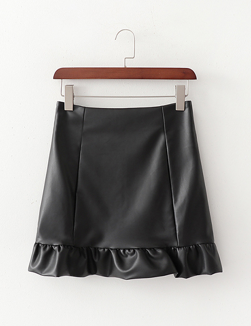 Fashion Black Ruffled Pu Hip Skirt