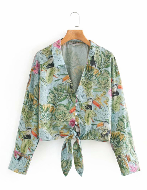 Fashion Green Knotted Flower Printed Single-breasted Shirt