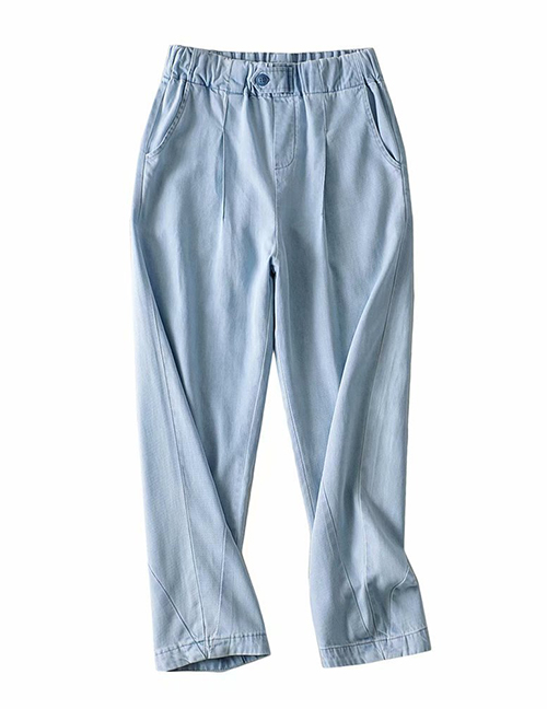Fashion Light Blue Denim Pants With Washed Elasticated Waist
