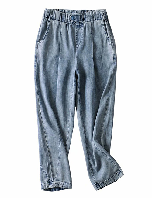 Fashion Middle Stone Blue Denim Pants With Washed Elasticated Waist