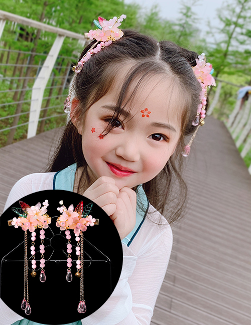 Fashion Sansheng Flower-pink Resin Alloy Flower Butterfly Tassel Children Hair Clip Set