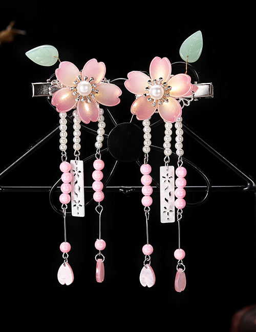 Fashion Peach Blossom-pink Resin Alloy Flower Butterfly Tassel Children Hair Clip Set