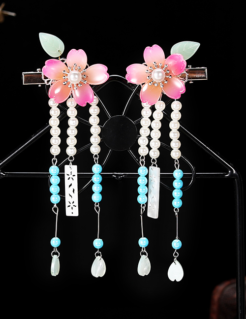 Fashion Peach Blossom-blue Resin Alloy Flower Butterfly Tassel Children Hair Clip Set