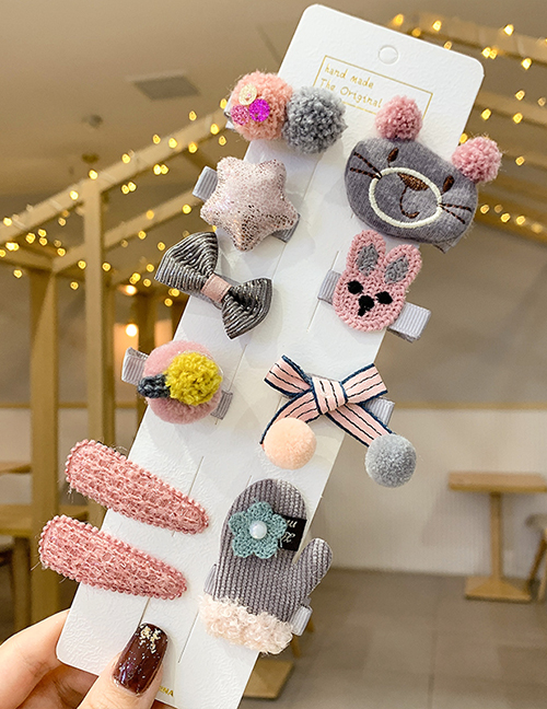 Fashion Grey Bear [10 Piece Set] Hairpin Knitted Bow Flower Animal Smiley Children Hairpin