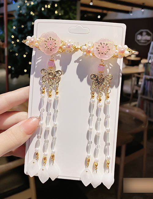 Fashion Pearl Flower-pink Resin Flower Butterfly Tassel Alloy Children Hairpin