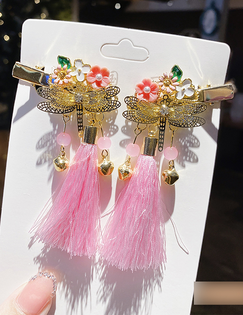 Fashion Pink Dragonfly Tassel-pink Resin Flower Butterfly Tassel Alloy Children Hairpin