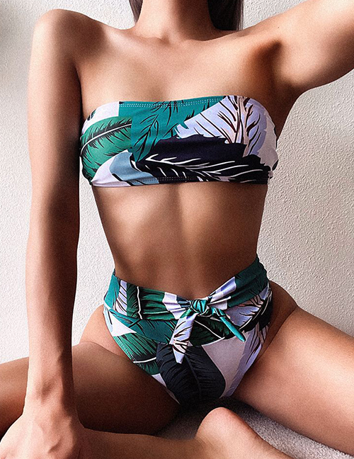 Fashion Green Leaf Print Wrap Chest High Waist Bow Split Swimsuit