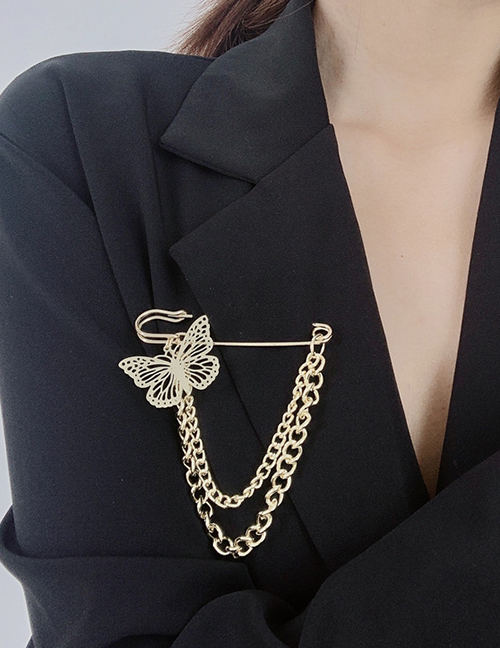 Fashion Golden Butterfly Chain Alloy Hollow Brooch