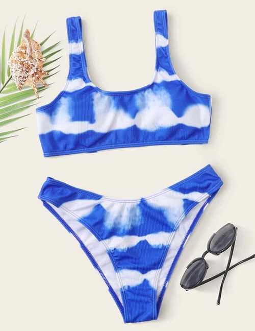 Fashion Blue Tie-dye Contrast Split Swimsuit