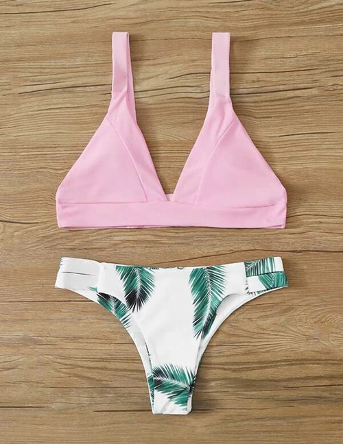 Fashion Pink White Leaf Print Contrast Color Split Swimsuit