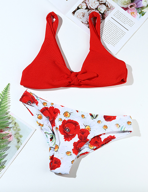 Fashion Red Printed Chest Knotted Split Swimsuit