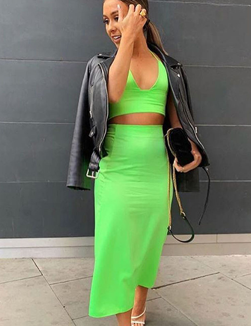 Fashion Fluorescent Green Strap V-neck Exposed Navel Hanging Neck Two-piece Skirt