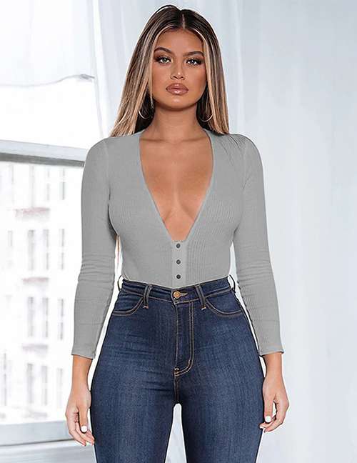 Fashion Gray V-neck Jumpsuit With Long Sleeves