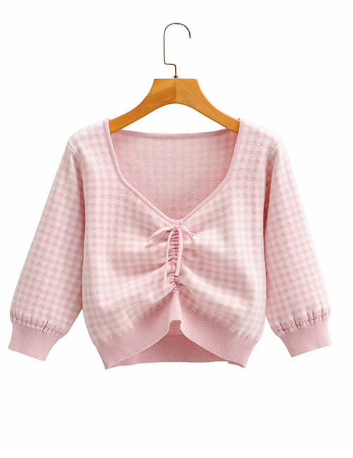 Fashion Pink Checked Drawstring V-neck Short Sweater
