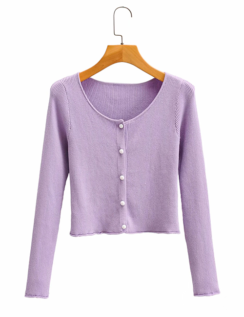Fashion Purple Single-breasted Round-neck Slim-fit Knitted Sweater