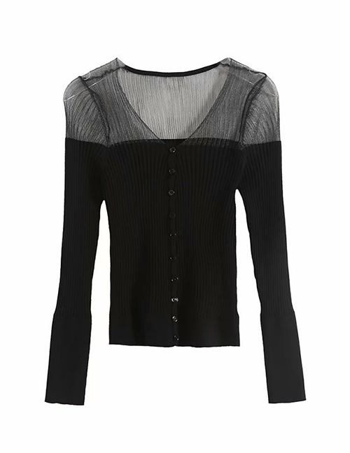Fashion Black Organza Stitching Perspective Thin Sweater Sweater