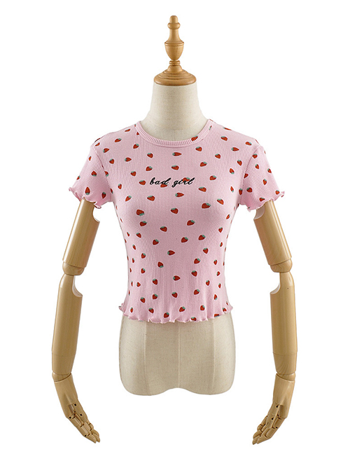 Fashion Pink Strawberry Cherry Round Neck Pullover T-shirt