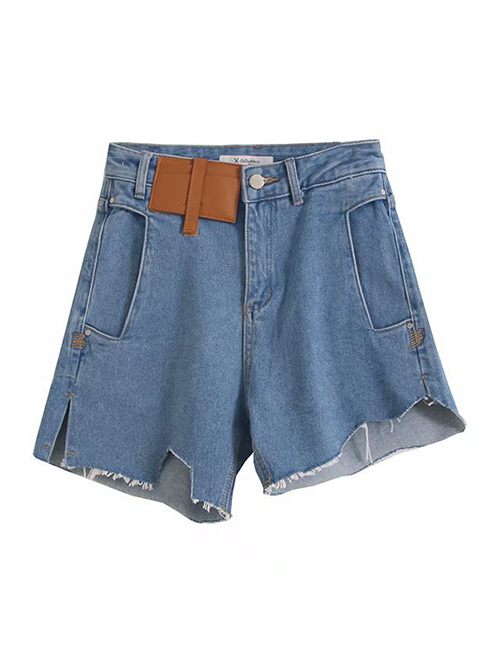 Fashion Denim Blue Asymmetric Split Stitching Denim Shorts