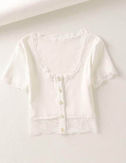 Fashion White Slim-fit Stretch-waist T-shirt With Lace Stitching