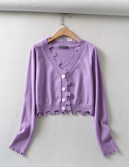 Fashion Purple V-neck Single-breasted Irregular Sweater Sweater