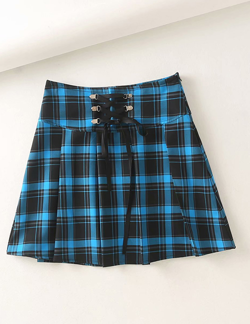 Fashion Blue Lace-up High-waist Check Pleated Skirt