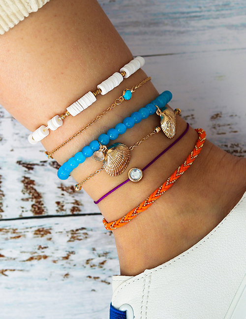Fashion Color Mixing Turquoise Beaded And Diamond Scallop Multi-layer Anklet Set