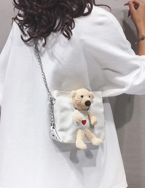 Fashion White Canvas Bear Chain Crossbody Shoulder Bag