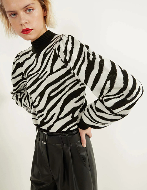 Fashion Zebra Pattern Zebra Print Bubble Sleeve Turtleneck Sweater