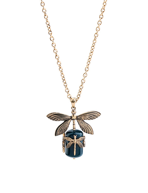 Fashion Navy Blue Long Insect Dragonfly Pendant Necklace