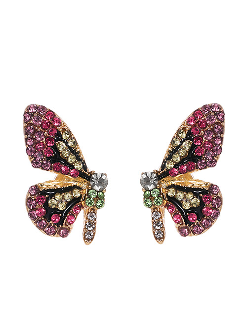 Fashion Pink Butterfly Earrings With Alloy Diamonds