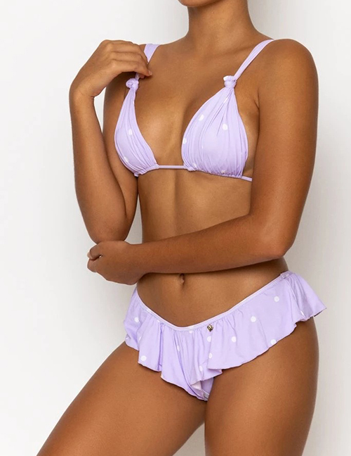 Fashion Purple Dots Split Swimsuit With Chest Strap And Chest Pad