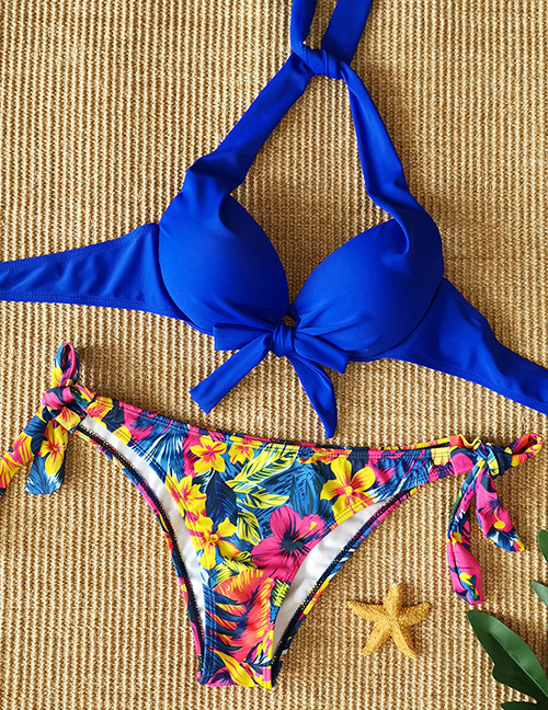 Fashion Blue Flowers Blooming Lace Print Split Swimsuit
