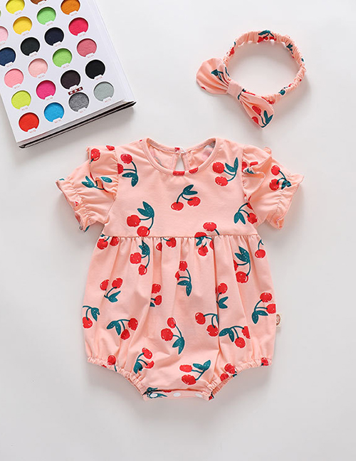 Fashion Short Sleeve Pink Baby Printed Fruit Pattern Jumpsuit