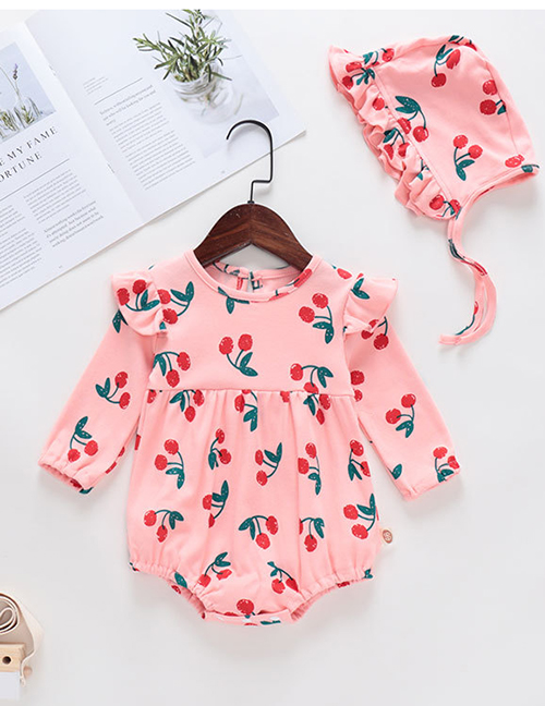 Fashion Sleeve Pink Baby Printed Fruit Pattern Jumpsuit