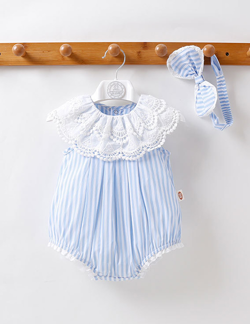 Fashion Light Blue Short Sleeve Baby Jumpsuit With Fart Stripe Lace