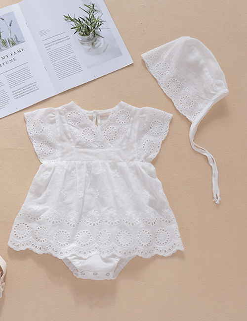 Fashion White Sleeveless Cotton V-neck Hollow Lace Baby Clothes