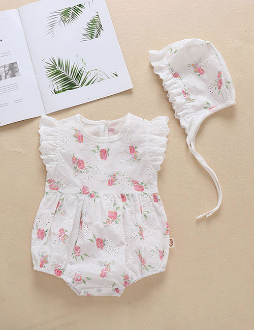 Fashion White Floral Flying Sleeve Baby Cotton Jumpsuit