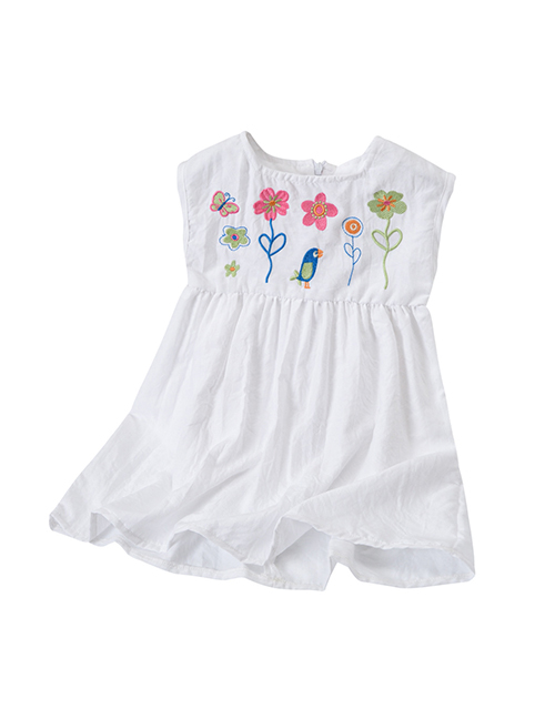 Fashion White Children's Cartoon Flower Embroidery Sleeveless Dress