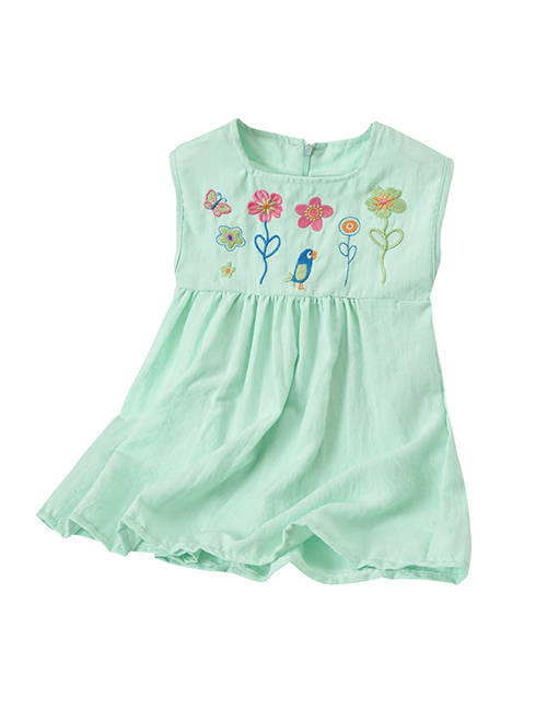 Fashion Green Children's Cartoon Flower Embroidery Sleeveless Dress
