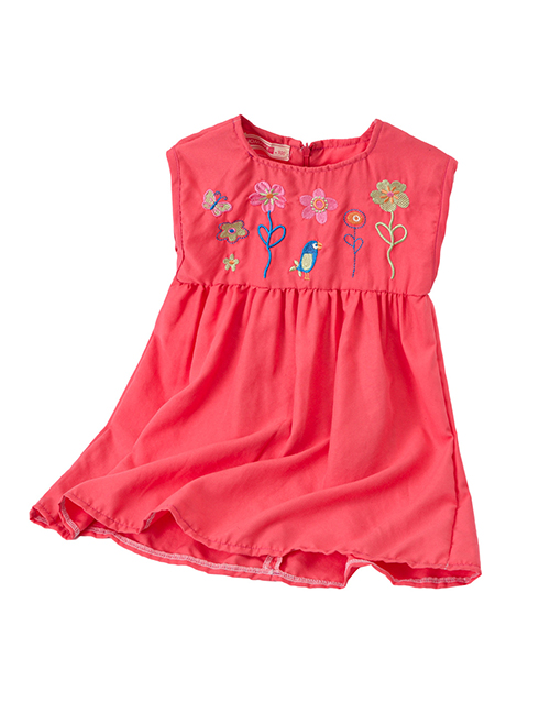 Fashion Red Children's Cartoon Flower Embroidery Sleeveless Dress
