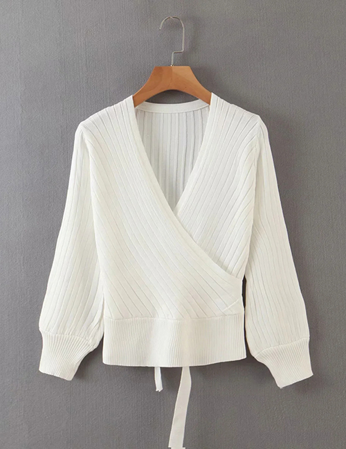 Fashion White Kimono V-neck Lace Up Long Sleeve Sweater