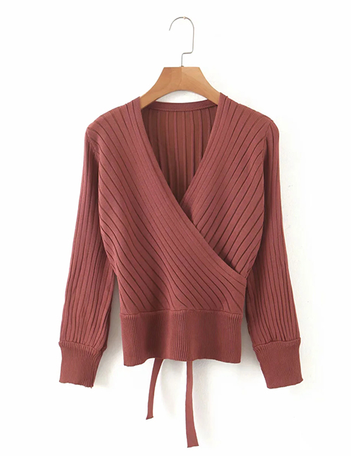 Fashion Brick Red Kimono V-neck Lace Up Long Sleeve Sweater