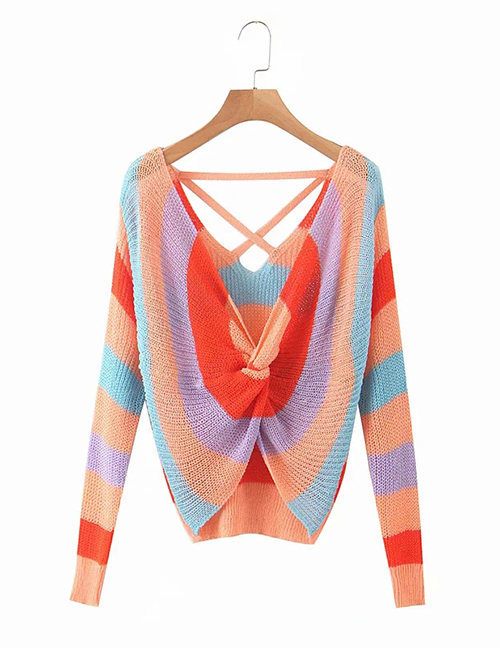 Fashion Orange Color-striped Knotted Backless Long-sleeved Sweater