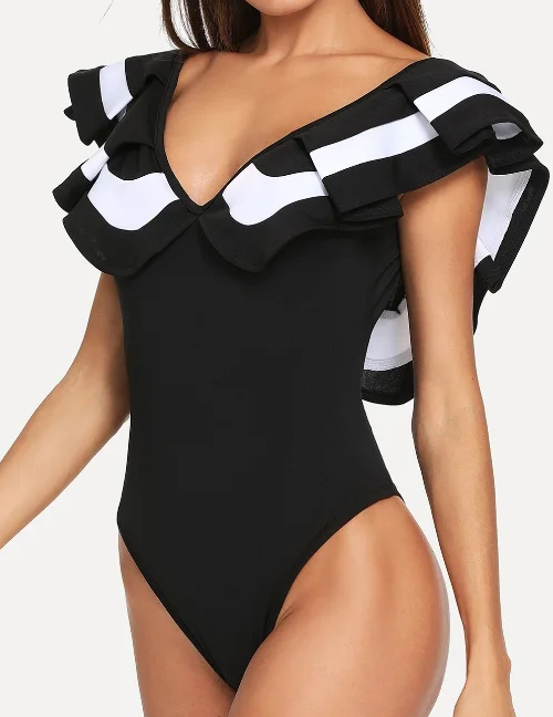 Fashion Black Ruffled V-neck Sleeveless One-piece Swimsuit