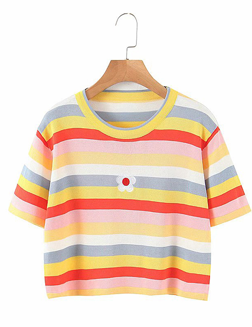 Fashion Color Color-striped Embroidery Short Sleeve Top