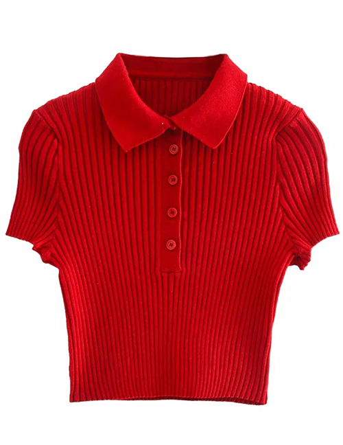Fashion Red Polo Collar Short Sweater