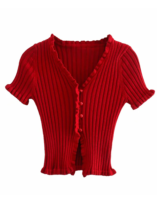 Fashion Red V-neck Fungus Sweater